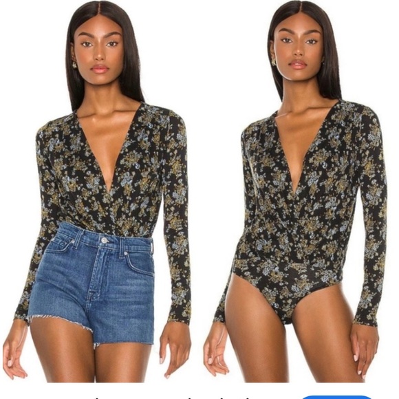 Free People Turnt Bodysuit Top V-neck Night Combo Floral Black Khaki Green L - Picture 1 of 16